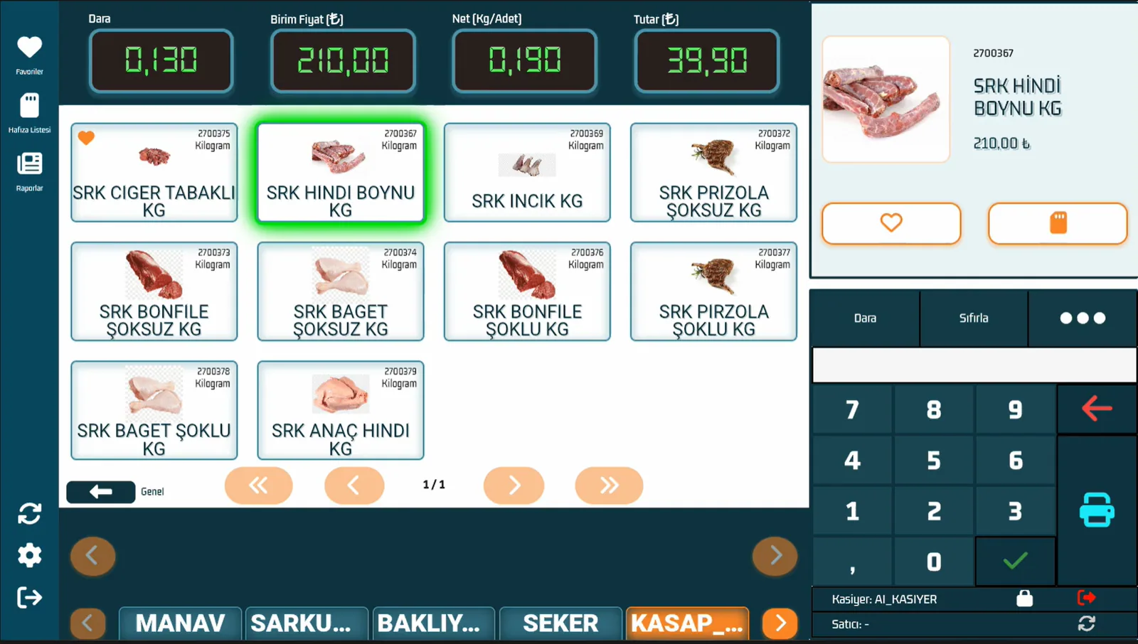 Terazi ekranı: dara, birim fiyat, net ağırlık ve tutar