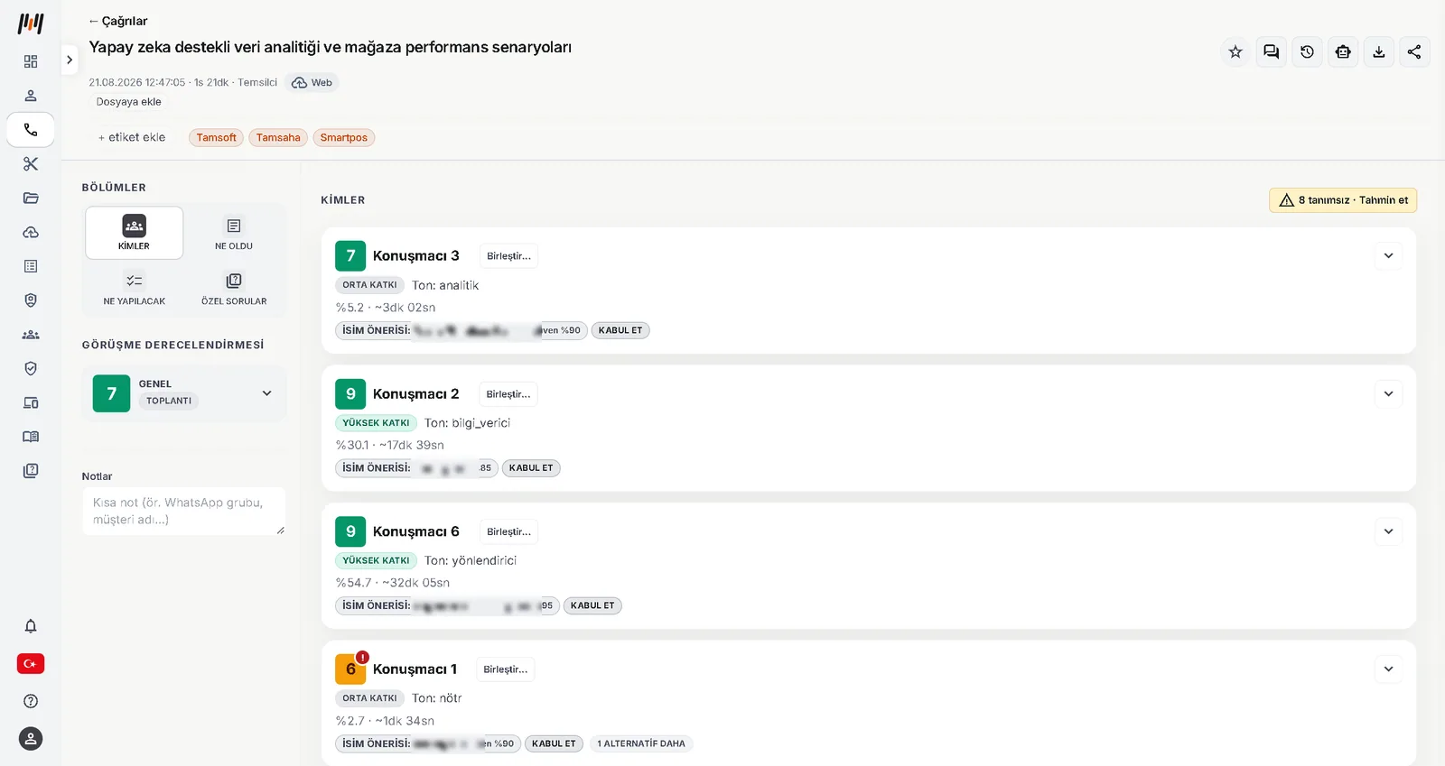 Çağrı detayı: konuşmacılar ve skorlar